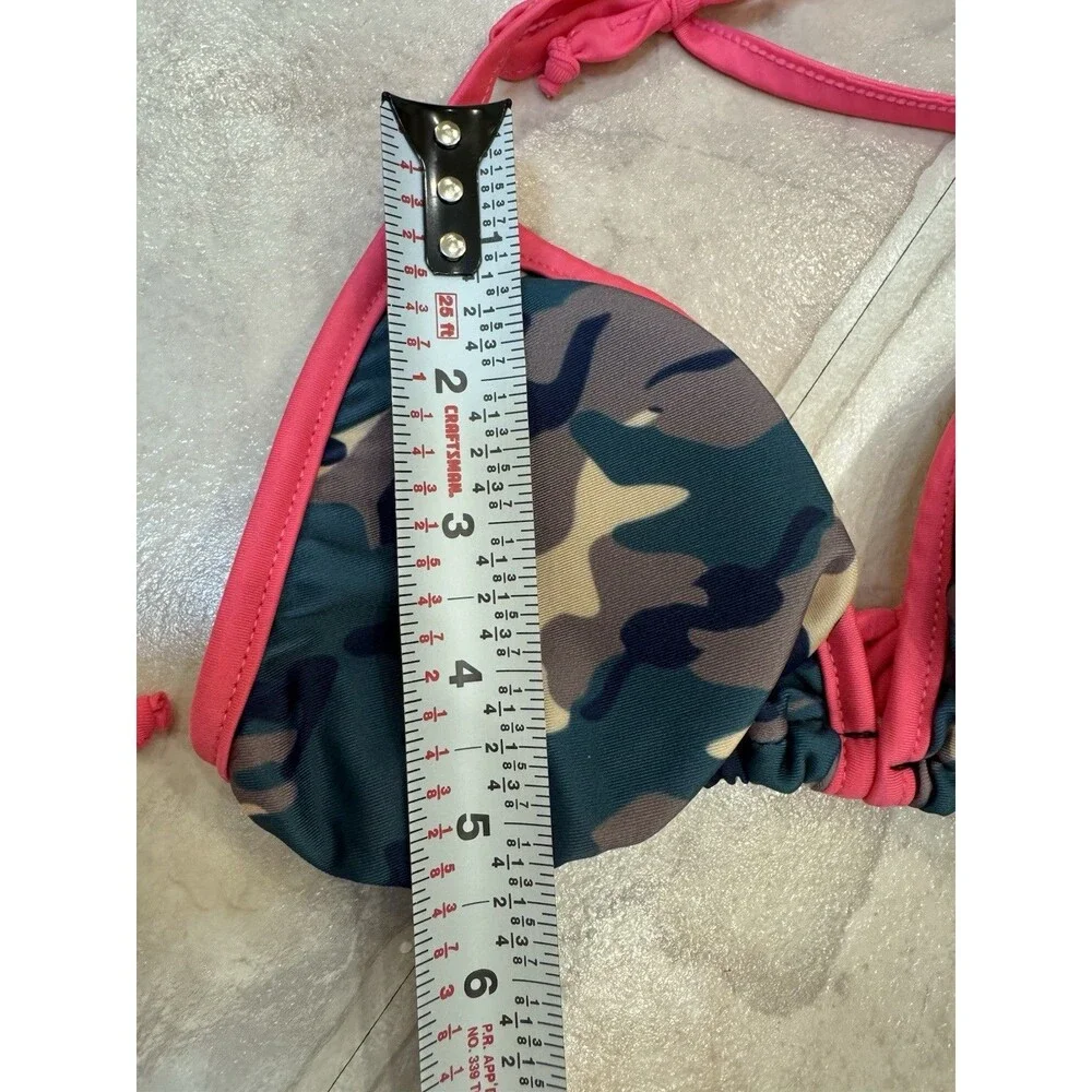 Girls M Camo Bikini 2 Piece Swimsuit Pink Trim Tie Side Halter Camouflage